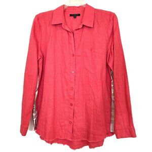 For Cynthia Petite 100% Linen Raw Hem Shirt, Metallic Silver Stripe-Petite Large